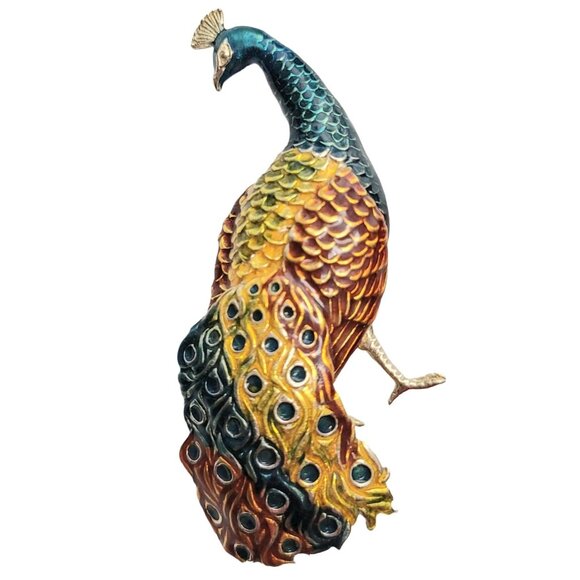 Silver Gold-Tone Blue Yellow Red Enamel Peacock Brooch - Picture 1 of 10